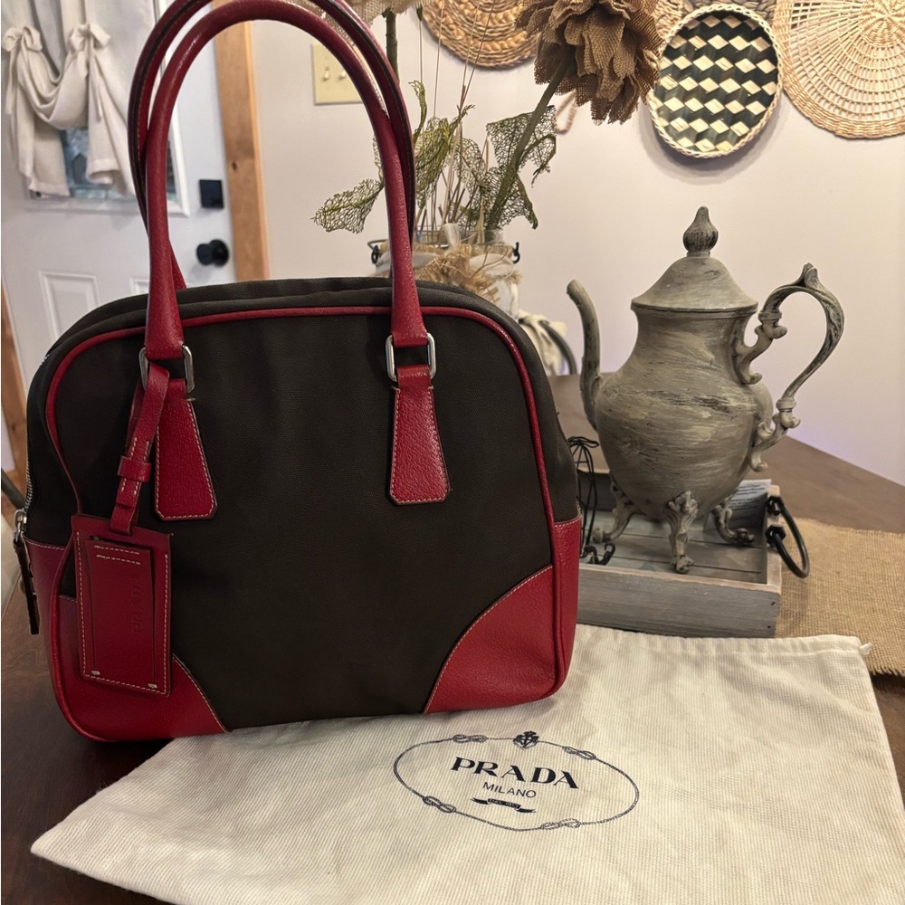 Prada Red and Brown Leather & Canvas Satchel 100% Authentic